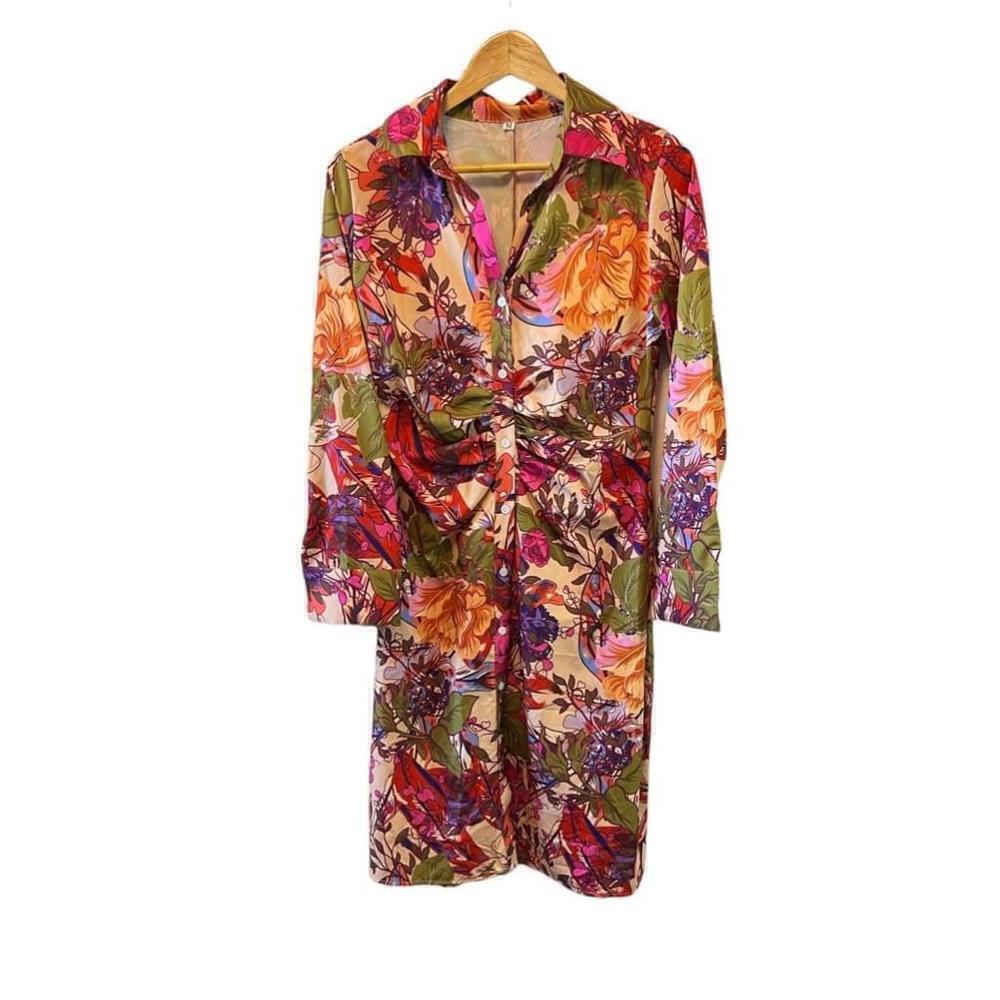NWOT SHEIN Floral Button Up Long Midi Long Sleeve Dress M Pink/Green - Picture 2 of 12